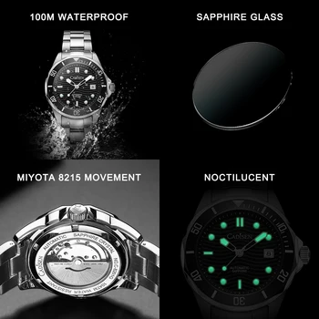 CADISEN Water Diver Светия Луксозни Мъжки Механични Часовници е От Неръждаема Стомана GMT Часовници са Най-добрата Марка Сапфирен Кристал Мъжки Часовник