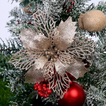 10шт Блестящи Изкуствени Цветя Глави 9 см Коледно Дърво Флорални Декорации Коледен Орнамент Декор Фалшиви Коледни Плодове Цвете