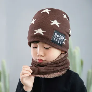Есенно-зимни детски шапки и шалове комплект от две части за момчета и момичета, възли вълнени шапки и пухкави дебели зимни топли