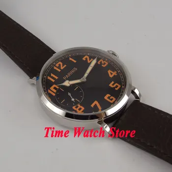 46 мм часовници parnis черен циферблат с оранжеви Арабски цифри закопчалка закопчалка 6497 механичен механизъм с ръчно от мъжки часовници 274