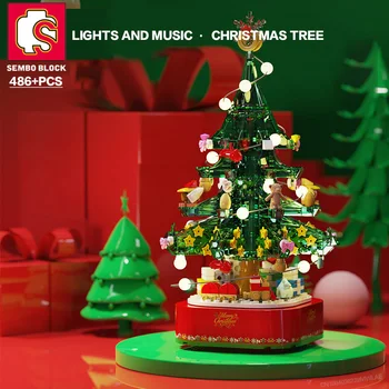 SEMBO БЛОК Коледно Дърво Музикална Ковчег градивните елементи на Въртящо се Покритие DIY Мини Игрални Комплекти Идея Подаръци Играчки на Децата за Възрастни