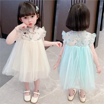 Рокли за малки момичета, детски принцеса рокля с бродерия в китайски стил, с Къси ръкави, Кръг, Чонсам и Ханфу, Газово рокля