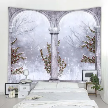 Имитация на вид от прозореца на голям гоблен, с монтиран на стената природен пейзаж артистична декорация на дома, гледка към морето, горска стая артистична декорация на стени