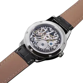 Часовници T-WINNER Сребърна повърхност и уникален дизайн циферблат черна кожена каишка в синьо показалеца мъжки механични часовници