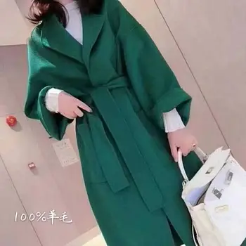 Горещите Модни 2021 Нови Дамски зелени двуслойни Истински Вълнен кашмир палто С колан на едро 1390