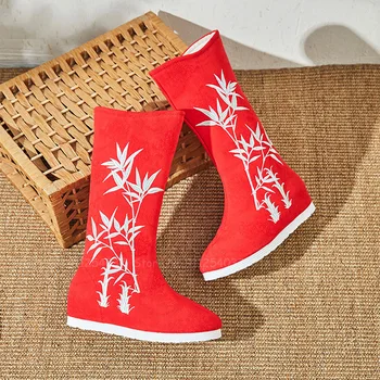 Дамски Оригинални Обувки Opare Hanfu в Китайски стил, обувки с Бродерия от Бамбук, Есенни и зимни Кожени Плюшени Червени, Бели Престрелки Ботуши