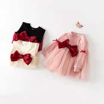 Детски рокли с дълъг ръкав за момиченца, Дрехи за Нова година 2022, Детско Сетчатое Дантелено Принцеса рокля с Кръгло деколте и лък