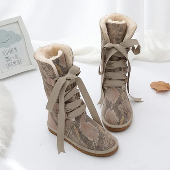 Зимни обувки, Дамски Зимни ботуши от Дебела Изкуствена Вълна, Висококачествени Обувки от естествена Кожа, Дамски Нескользящие Дантелени Топли Обувки, Големи Размери