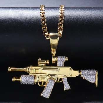 Хип-Хоп ААА CZ Камъни Проправи Bling Ice Out Снайпер CS GO Пистолет Окачване Колие за Мъже Рапър Бижута Златист Цвят Подарък