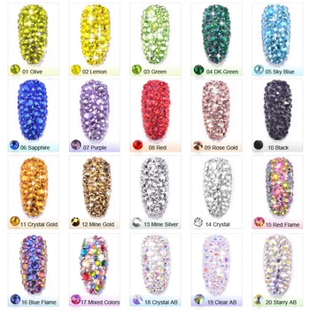 1 Опаковка Плоски стъклени страз за нокти Смесени Размери SS4-SS16 Декорации за нокти, Камъни Лъскави Скъпоценни Камъни Аксесоари за маникюр от 20 Цвята