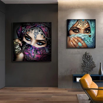Големи Очи Зелен Воал Арабската Жена Монтиране На Ислямското Изкуство Момиче Печат Върху Платно Красива Фигура Живопис Луксозен Плакат Естетичен Интериор На Спалнята