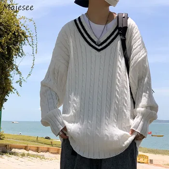 Мъжки Пуловер С V-образно деколте, Свободни Студентски японски Класически Унисекс, Двойни Възли, Меките Универсални Мъжки Пуловери За Почивка, Обикновена Популярни