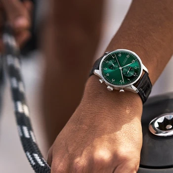 Мъжки Спортни Часовници Черни Кожени Автоматично Механичен Часовник Със Зелен Циферблат Универсални