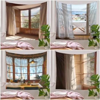 3D Имитация на Прозорци Гоблен Стенен Красив Пейзаж, Гоблен Хипи Стенен За Спалнята на Общежитието Гоблен Начало Декор