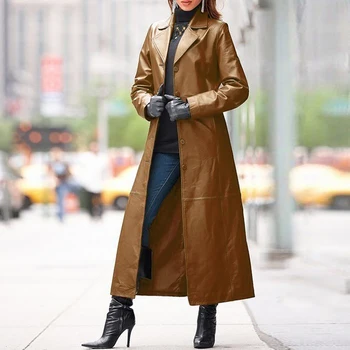 Тренч Дамско Палто За Есен-Зима Плътен Цвят Изкуствена Кожа Дълга Тънка Предното Палто Ветровка Плюс Размера На Модни Стръмни Палто 4 Цвята