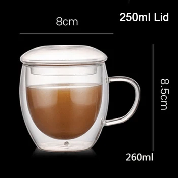 Стъклени Кафе/Чай Чаши с Двойни Стени, Топлоустойчива Битови Двойни Млечни Кафе с Дръжка, Чаши, Чаши за Пиене с Капак