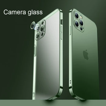 Луксозно Покритие Квадратна Рамка, Матов Калъф за iPhone 13 12 Mini 11 Pro XR XS X Max 7 8 Plus SE3 Прозрачна Мека Капачка + със Стъклен Капак Камери